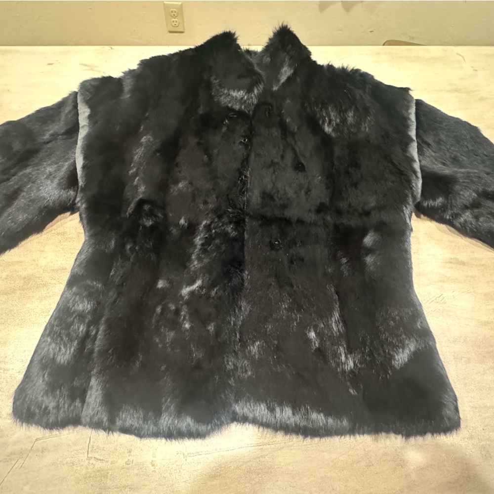 Black Fur Coat Size Small Rabbit Fur Vintage. Cute!  Leather Accents France